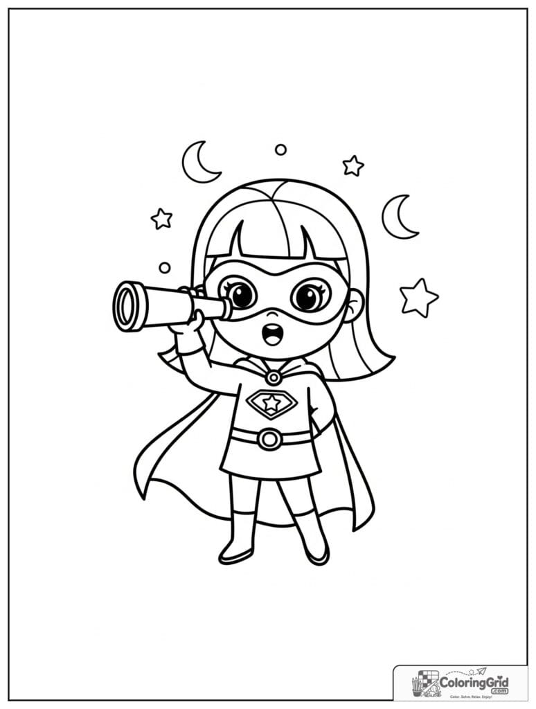Cute superhero girl holding a telescope with moon and star details.