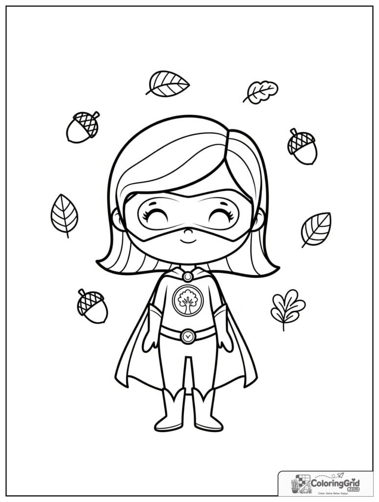 Cute superhero girl with a tree emblem and small leaf details.