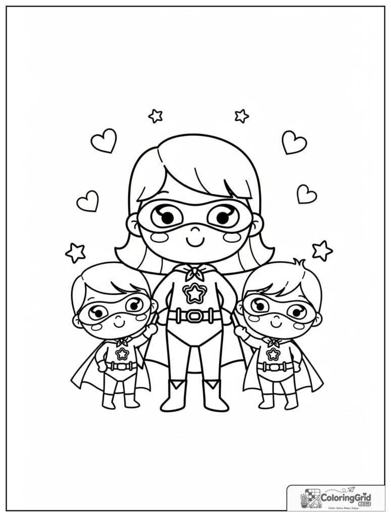 Cute superhero girl standing with two hero friends and small heart details.