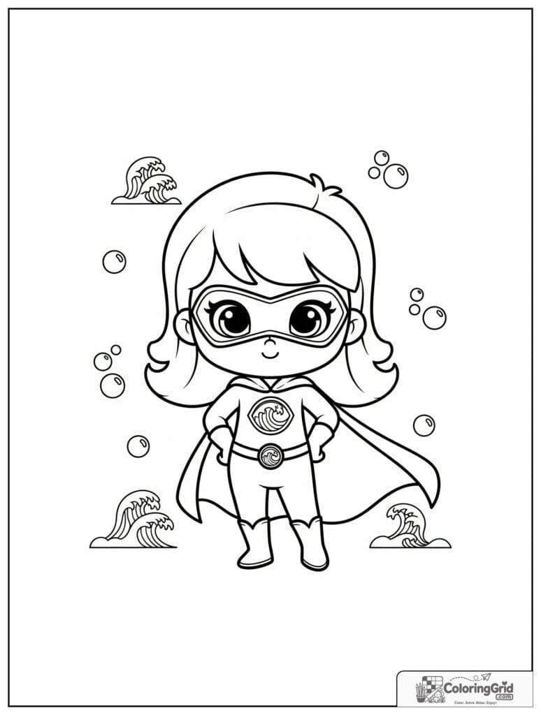 Cute superhero girl with a wave emblem and small bubble details.