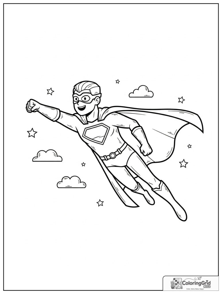 Cute superhero in a grand flying action pose with clouds and stars.