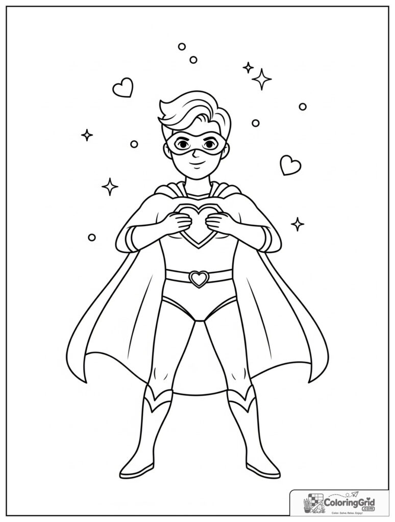 Cute superhero in a heart power pose with heart decorations.