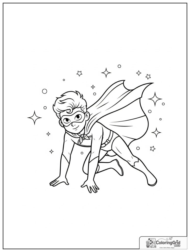 Cute superhero in a heroic landing pose with sparkles and stars.