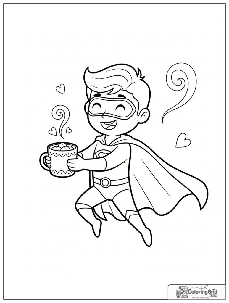 Cute superhero hopping with hot cocoa in an action pose.