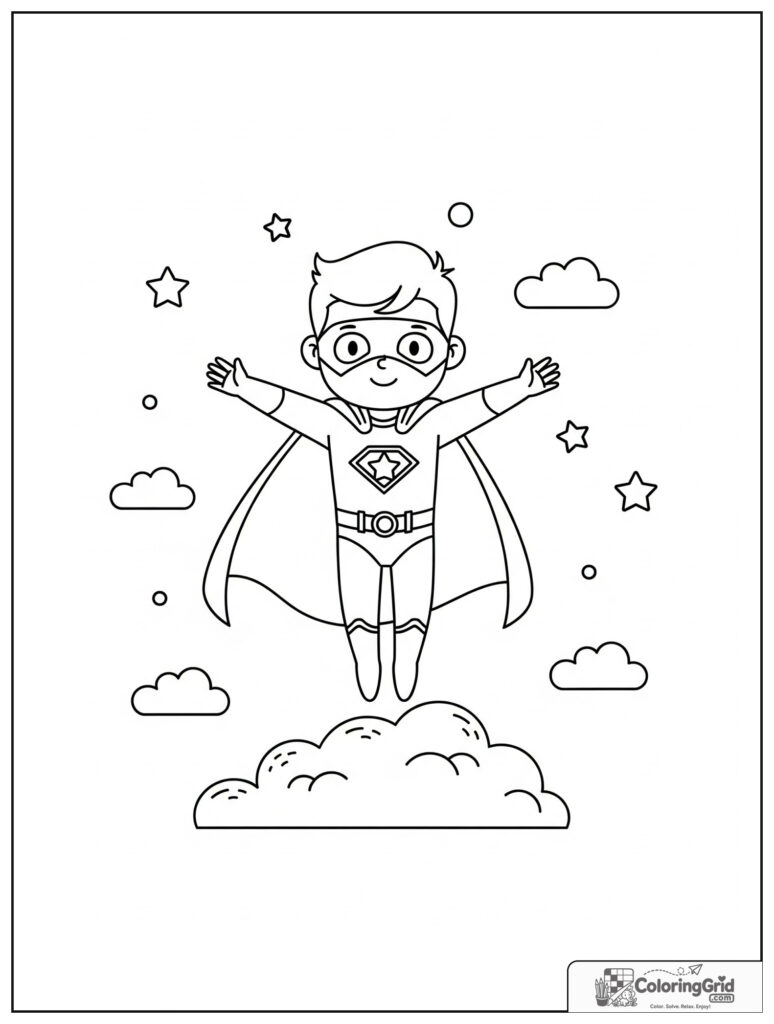 Cute superhero hovering above a cloud in an action pose.