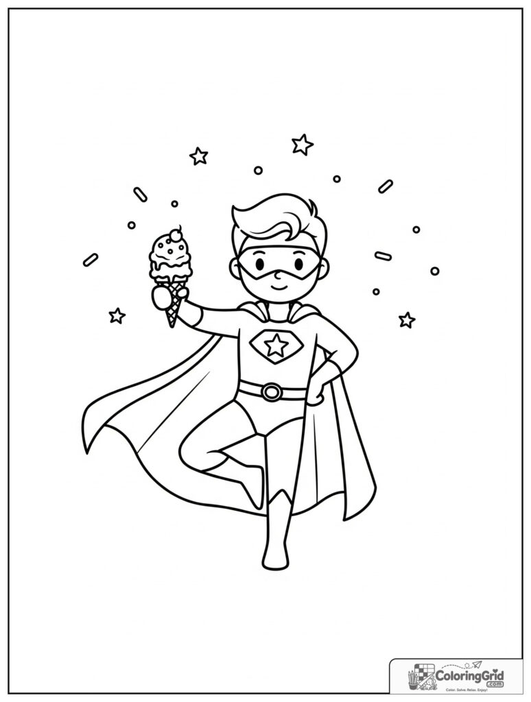 Cute superhero balancing with an ice cream cone in an action pose.