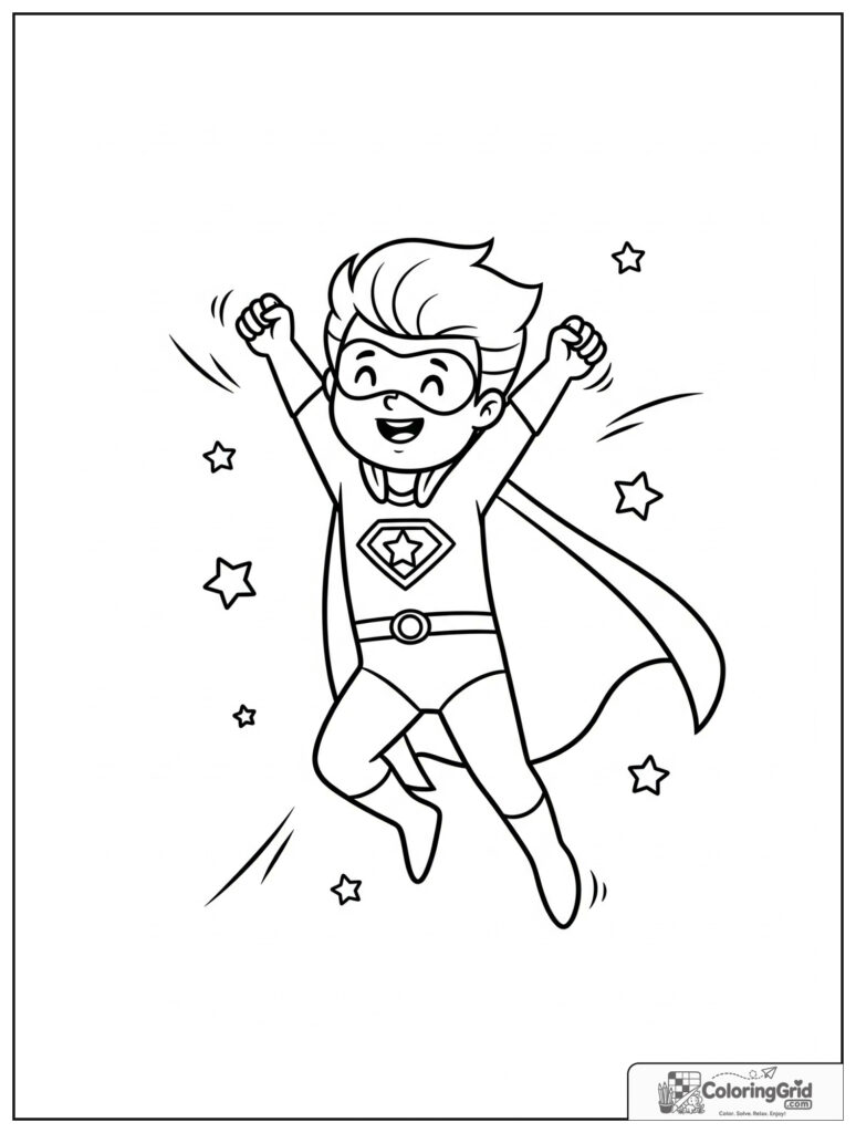 Cute superhero jumping high in an action pose with stars.