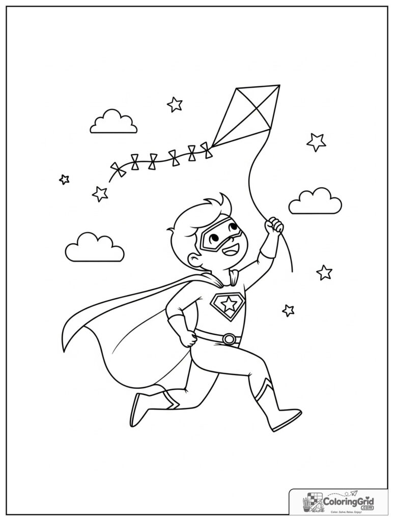 Cute superhero running with a kite in an action pose.