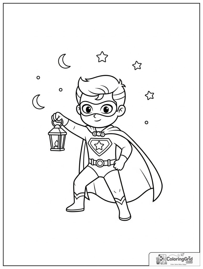 Cute superhero holding a lantern in a nighttime step pose.