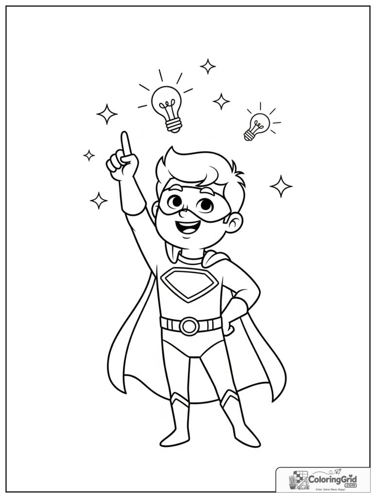 Cute superhero pointing upward in an idea pose with light bulb details.