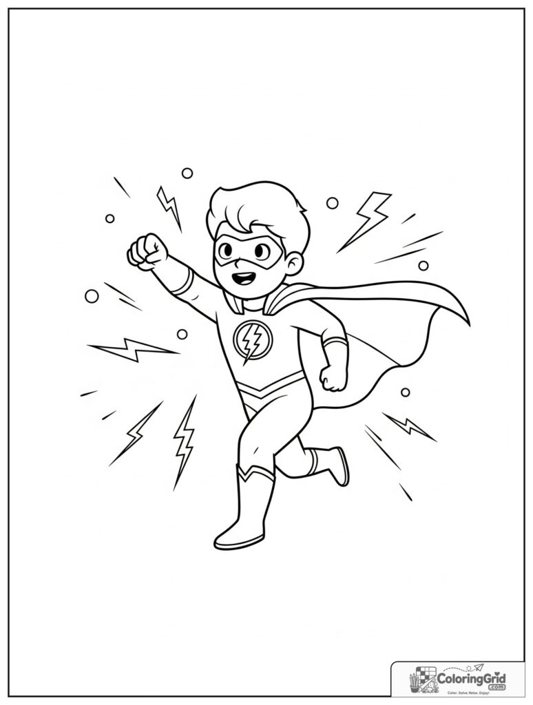 Cute superhero dashing forward with lightning details.