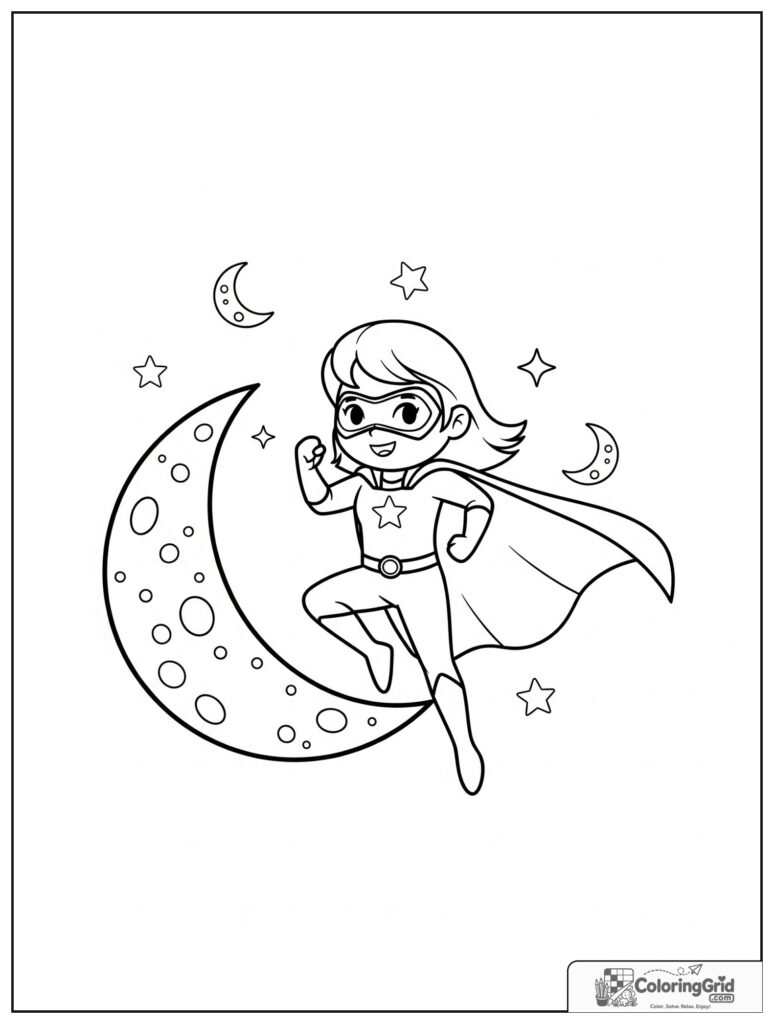 Cute superhero leaping beside a crescent moon with stars.