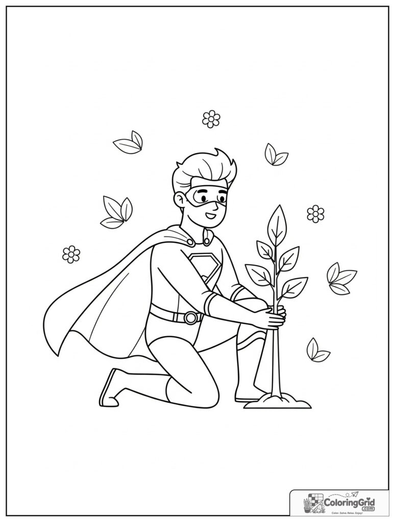 Cute superhero planting a tree in an action pose with leaf details.