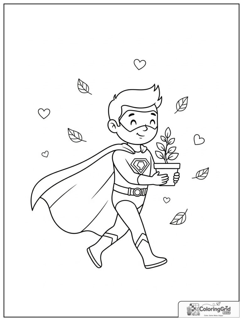 Cute superhero carrying a potted plant in a stepping pose.