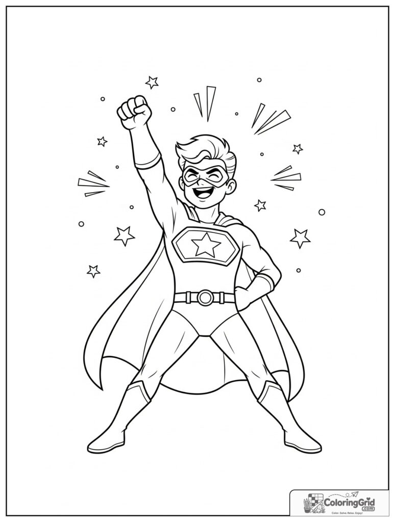 Cute superhero punching upward in a triumphant action pose.