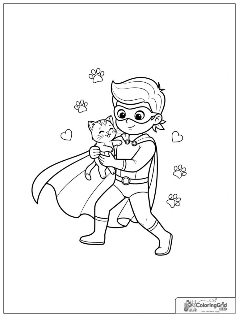 Cute superhero carrying a kitten in a rescue action pose.