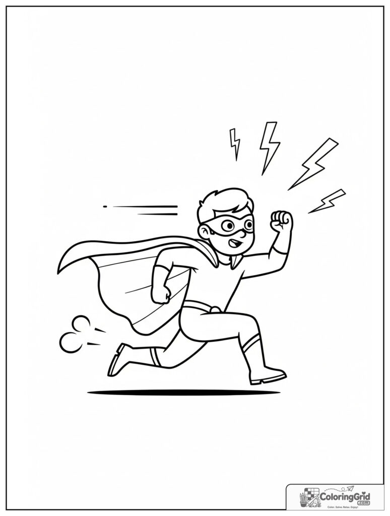 Cute superhero running fast in an action pose with lightning details.