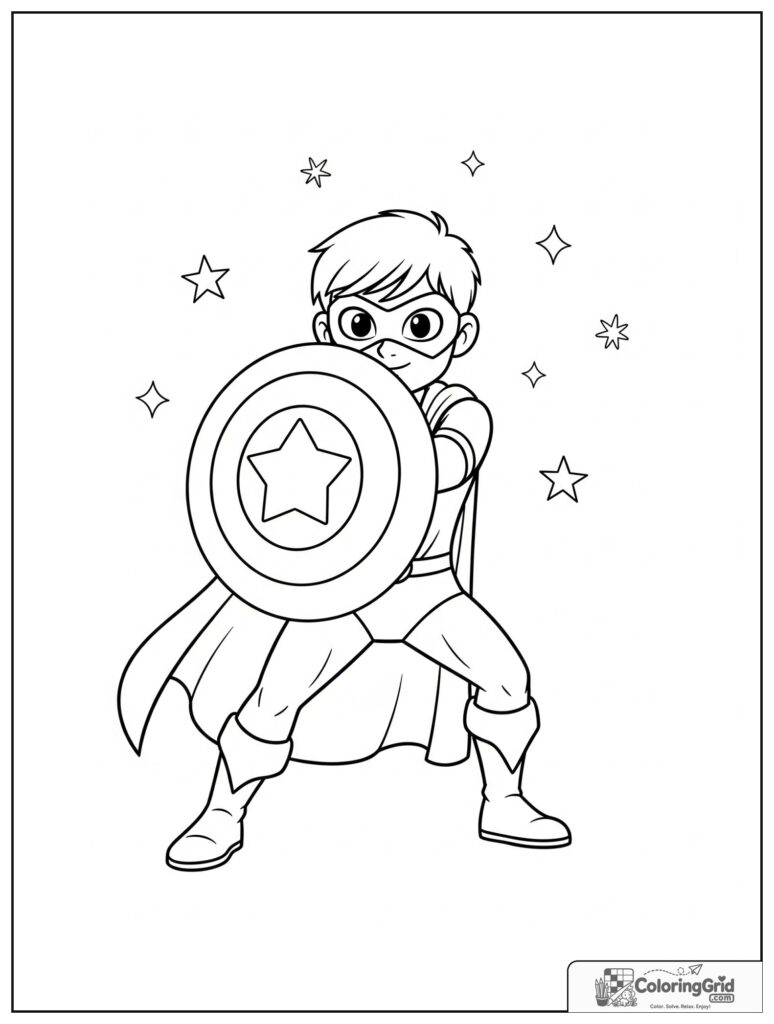 Cute superhero holding a shield in a block pose with stars.