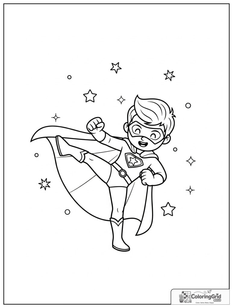 Cute superhero doing a side kick action pose with stars and sparkles.