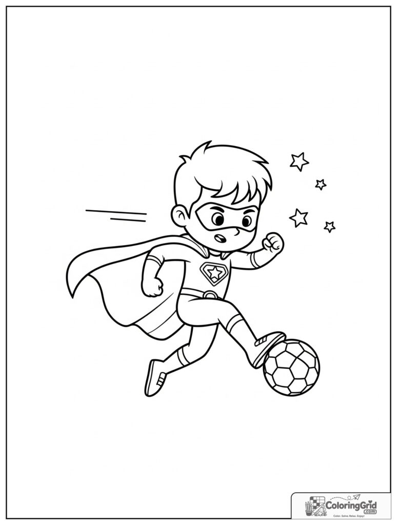 Cute superhero kicking a soccer ball in an action pose.