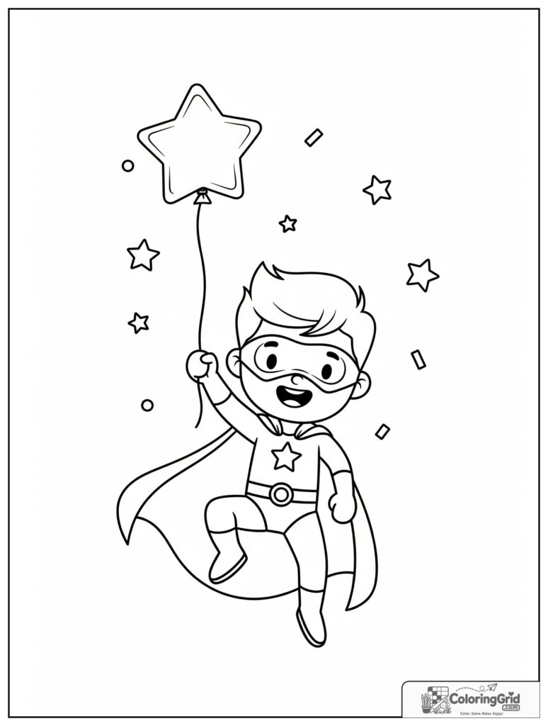 Cute superhero skipping with a star balloon in an action pose.