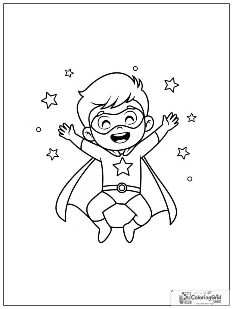 Cute superhero doing a star jump pose with star details.
