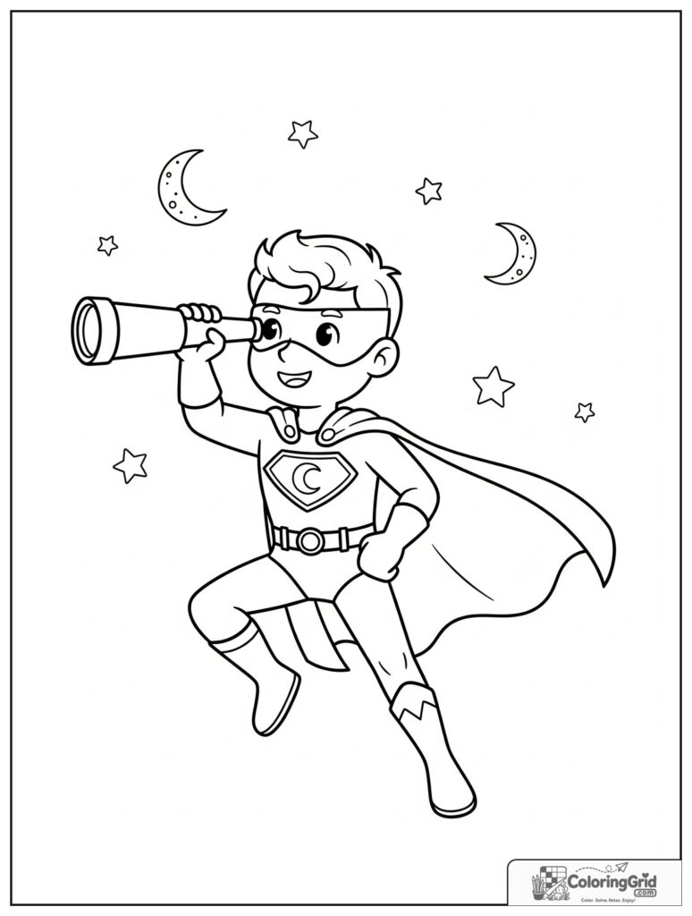 Cute superhero using a telescope in a lookout pose with stars.