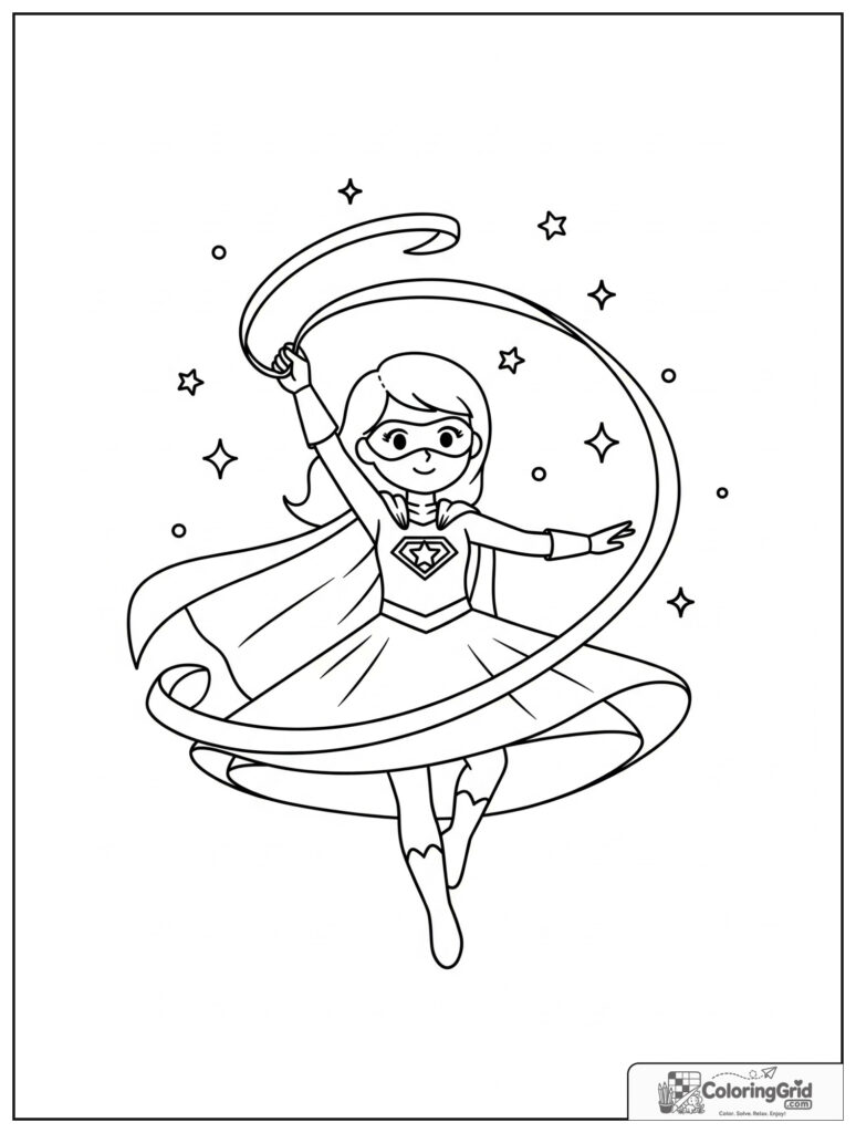 Cute superhero twirling with a ribbon in an action pose.