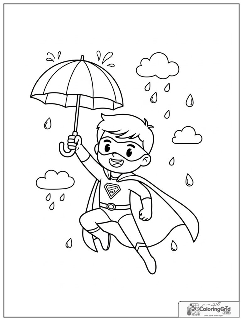 Cute superhero leaping with an umbrella and raindrop details.