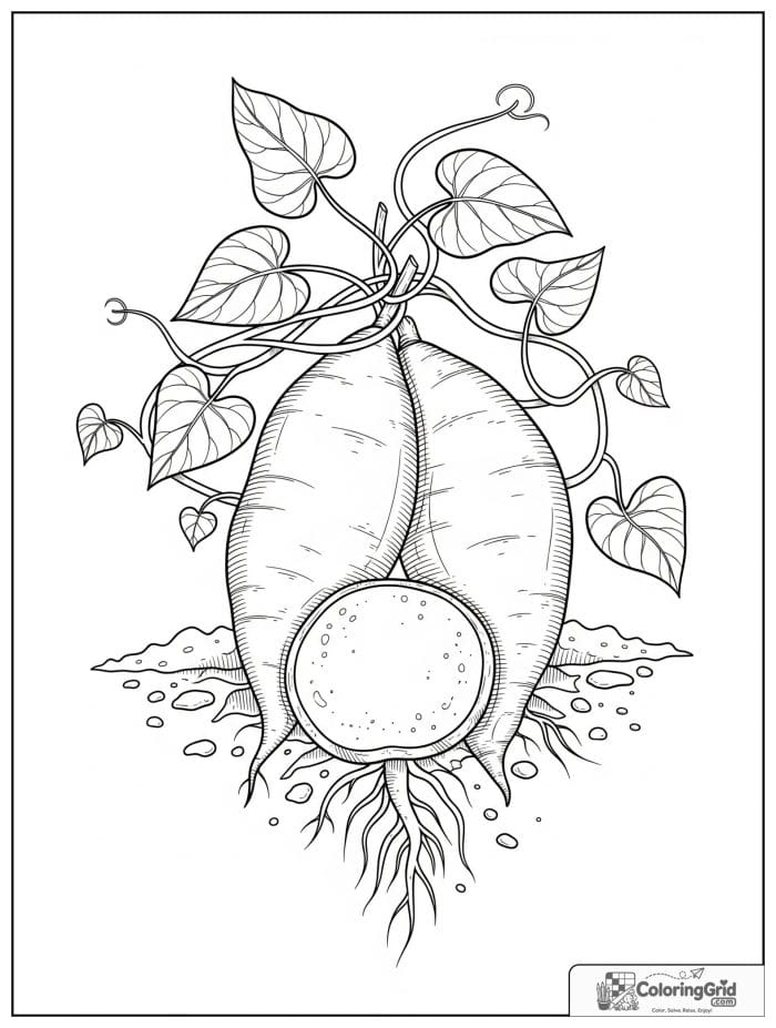 Vegetable coloring page featuring sweet potatoes with leafy vines.