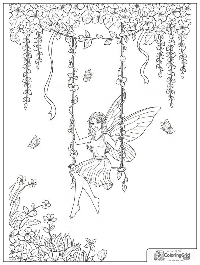 Fairy coloring page featuring a fairy swinging on vines.