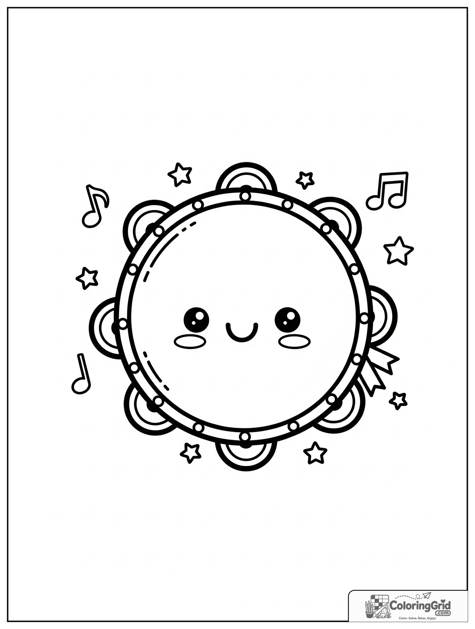 Cute smiling tambourine with ribbons and small star decorations.