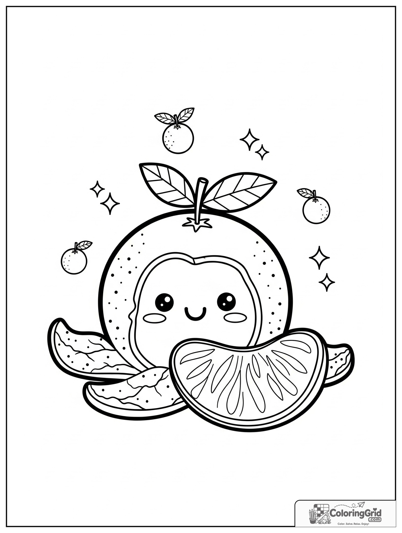 Cute tangerine with peel and small citrus decorations.