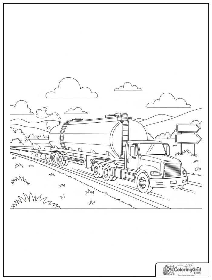 Truck coloring page featuring a tanker truck on an open road.