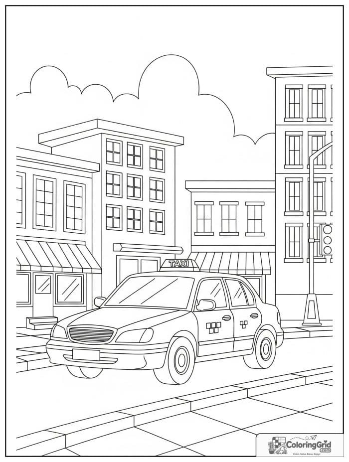 Taxi style car in city black and white line art