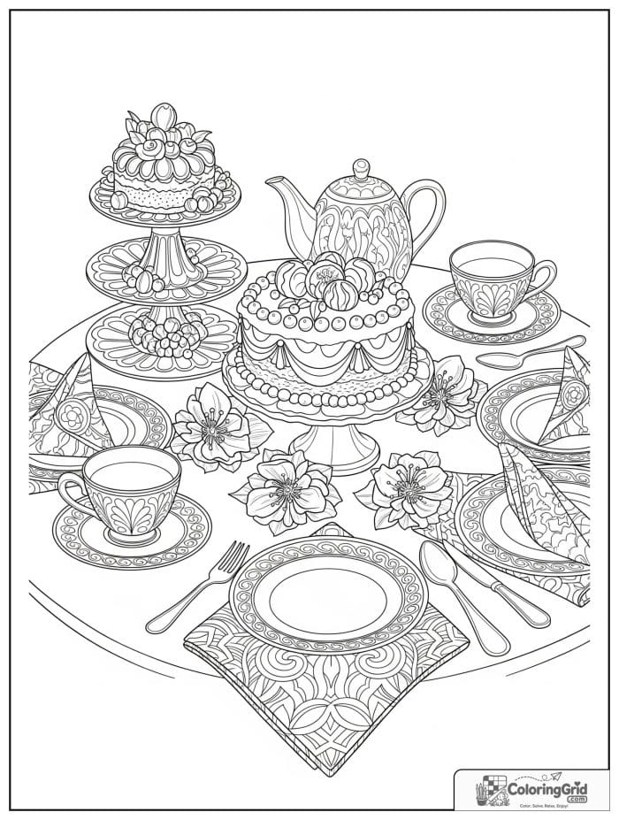Tea party cake scene for Cake Coloring Pages