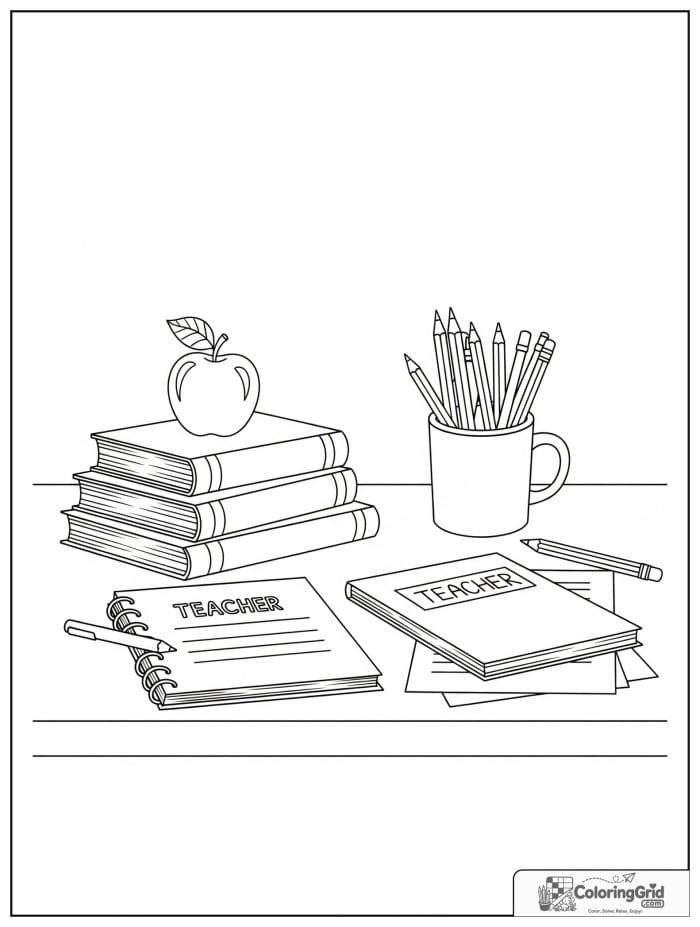 Back to school coloring page featuring a teacher desk with an apple.