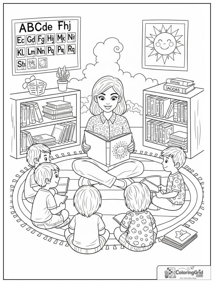 Back to school coloring page featuring a teacher reading to students.