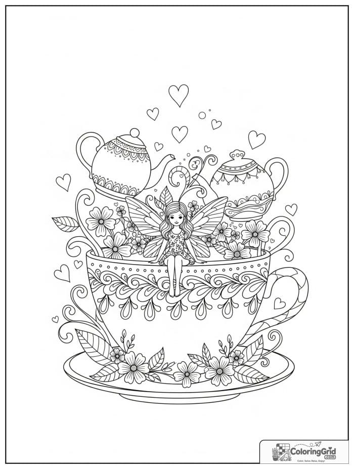 Fairy coloring page featuring a tiny fairy in a teacup garden.