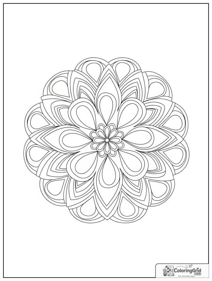 Mandala coloring page featuring teardrop loop petals.