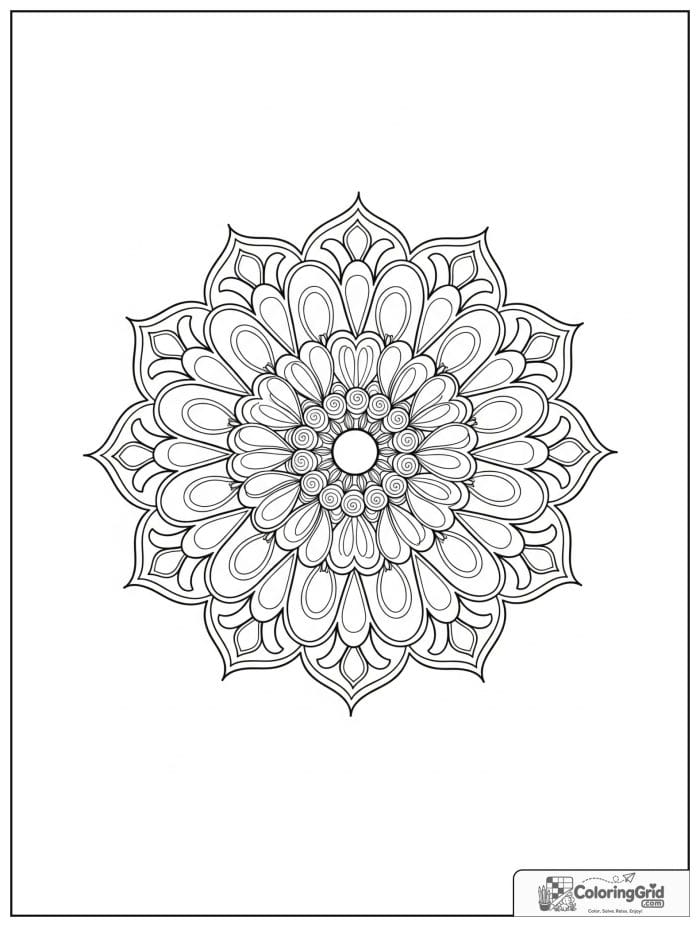 Easy mandala coloring page featuring teardrop loop petals.