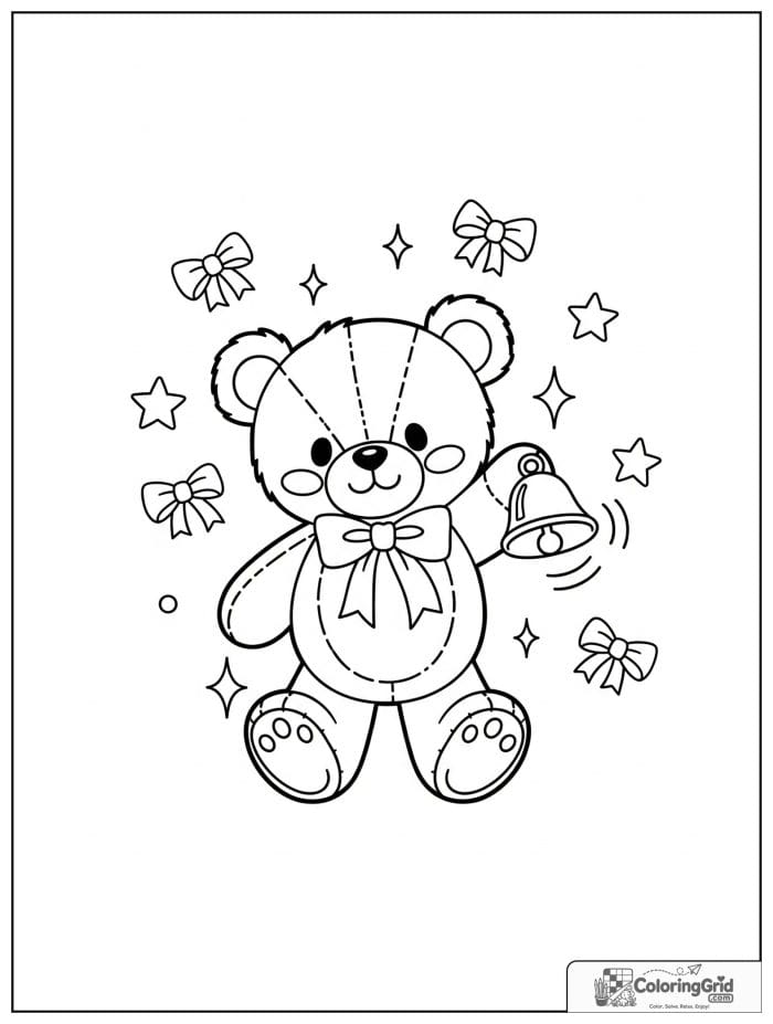 Cute teddy bear ringing a small bell.