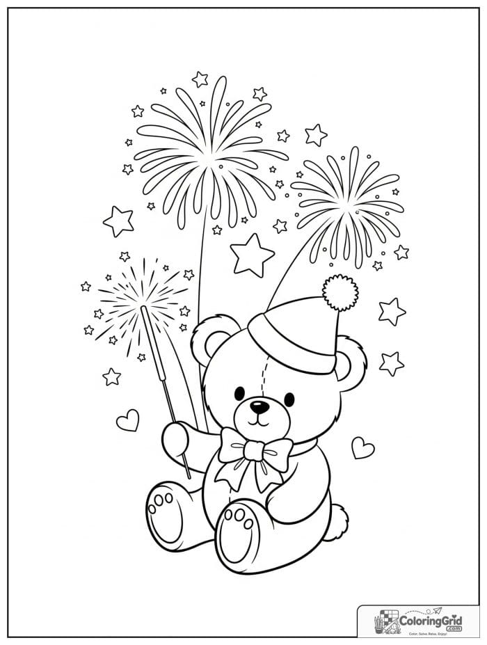 Teddy bear holding a sparkler under fireworks.