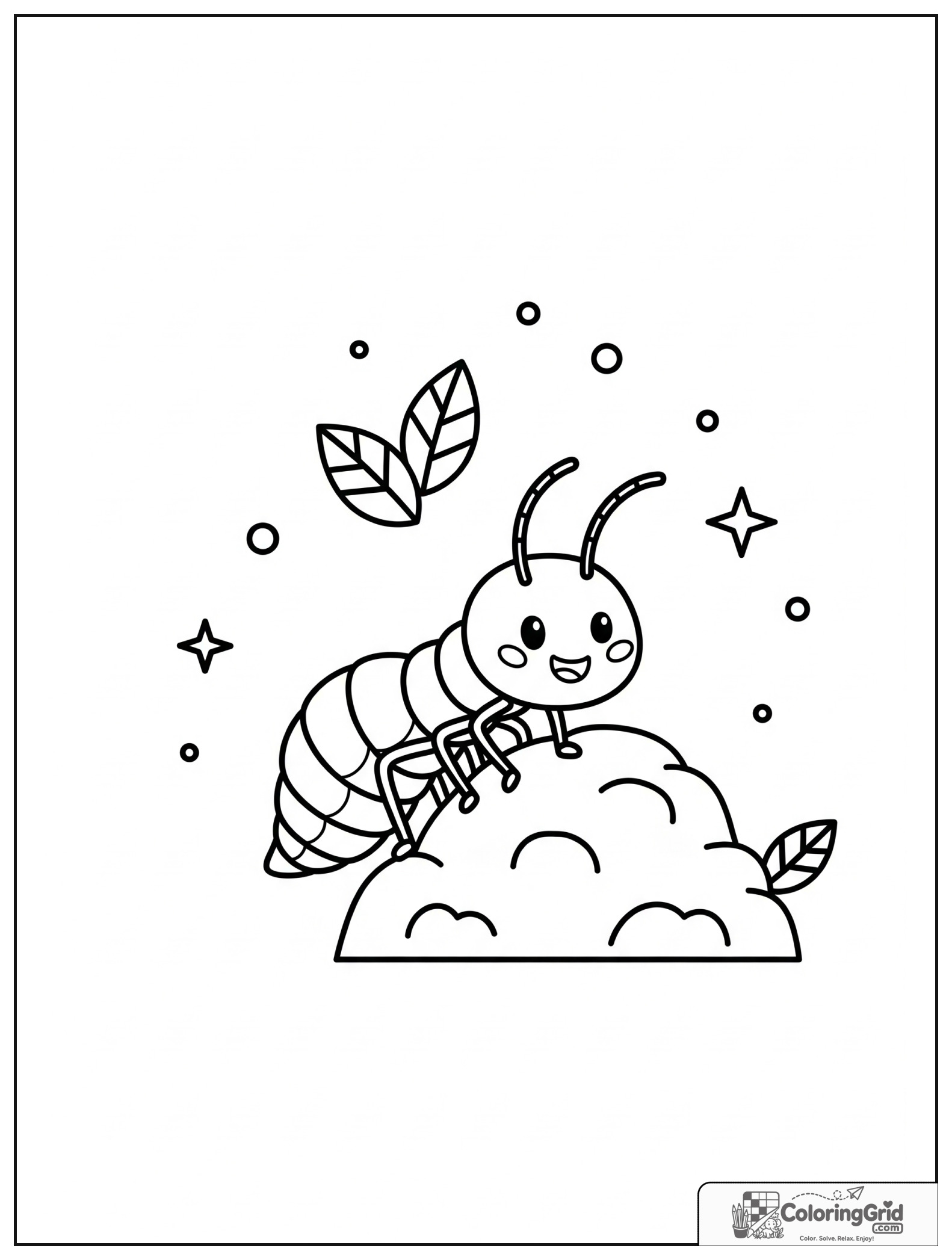 Cute termite near a mound with small leaf and star decorations.