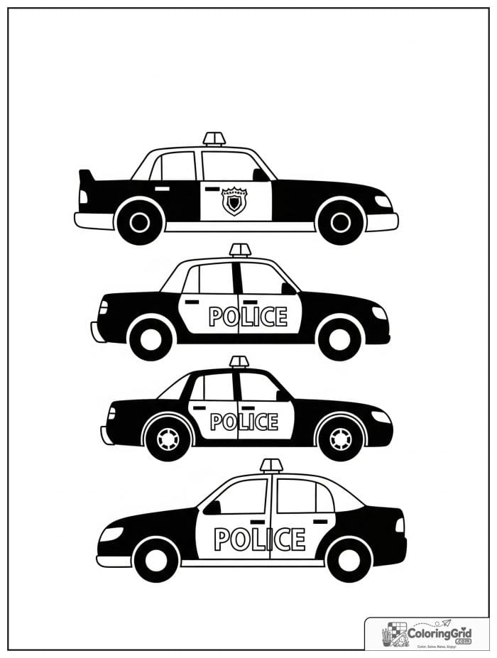 Three police cars lined up in black and white