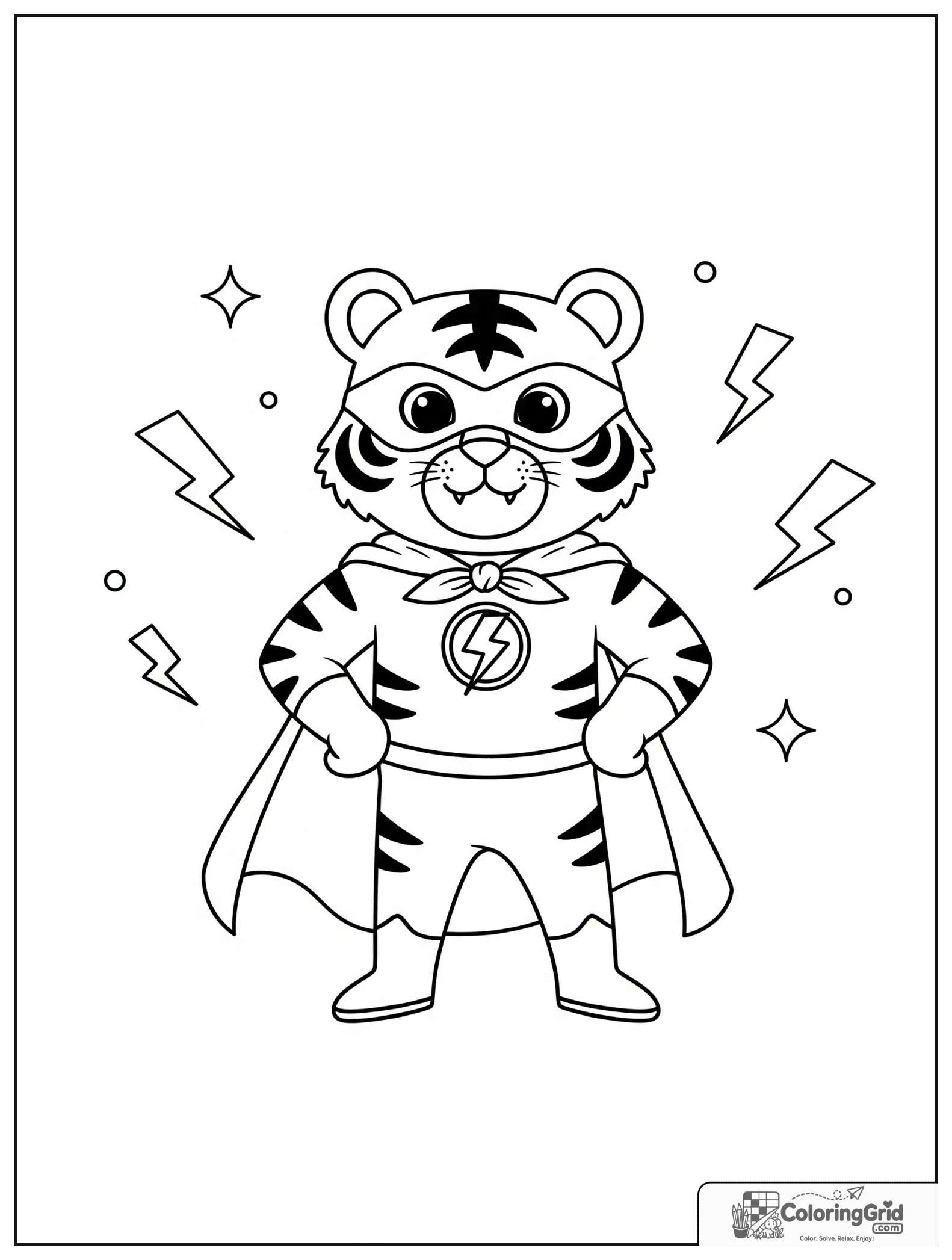 Cute tiger superhero with a lightning emblem and small lightning details.