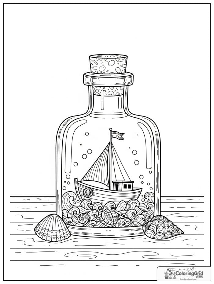 Boat coloring page featuring a tiny boat inside a bottle.