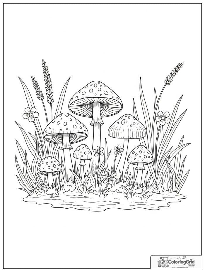 Tiny mushrooms in meadow black and white line drawing