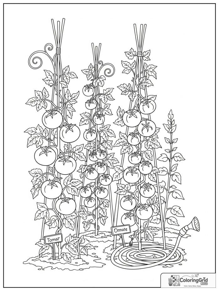 Garden coloring page featuring tomato plants on trellises.