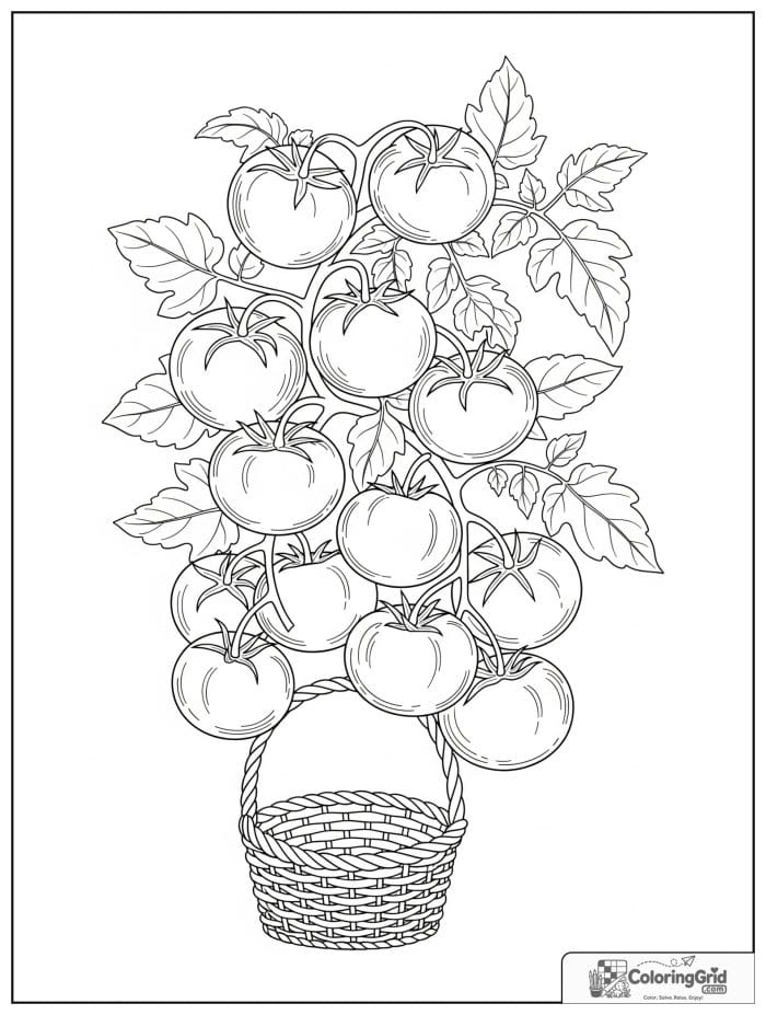 Vegetable coloring page featuring a tomato vine and a basket.